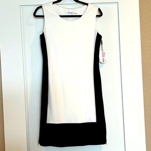 Calvin Klein sleeveless Black & white dress with gold side zipper detail
